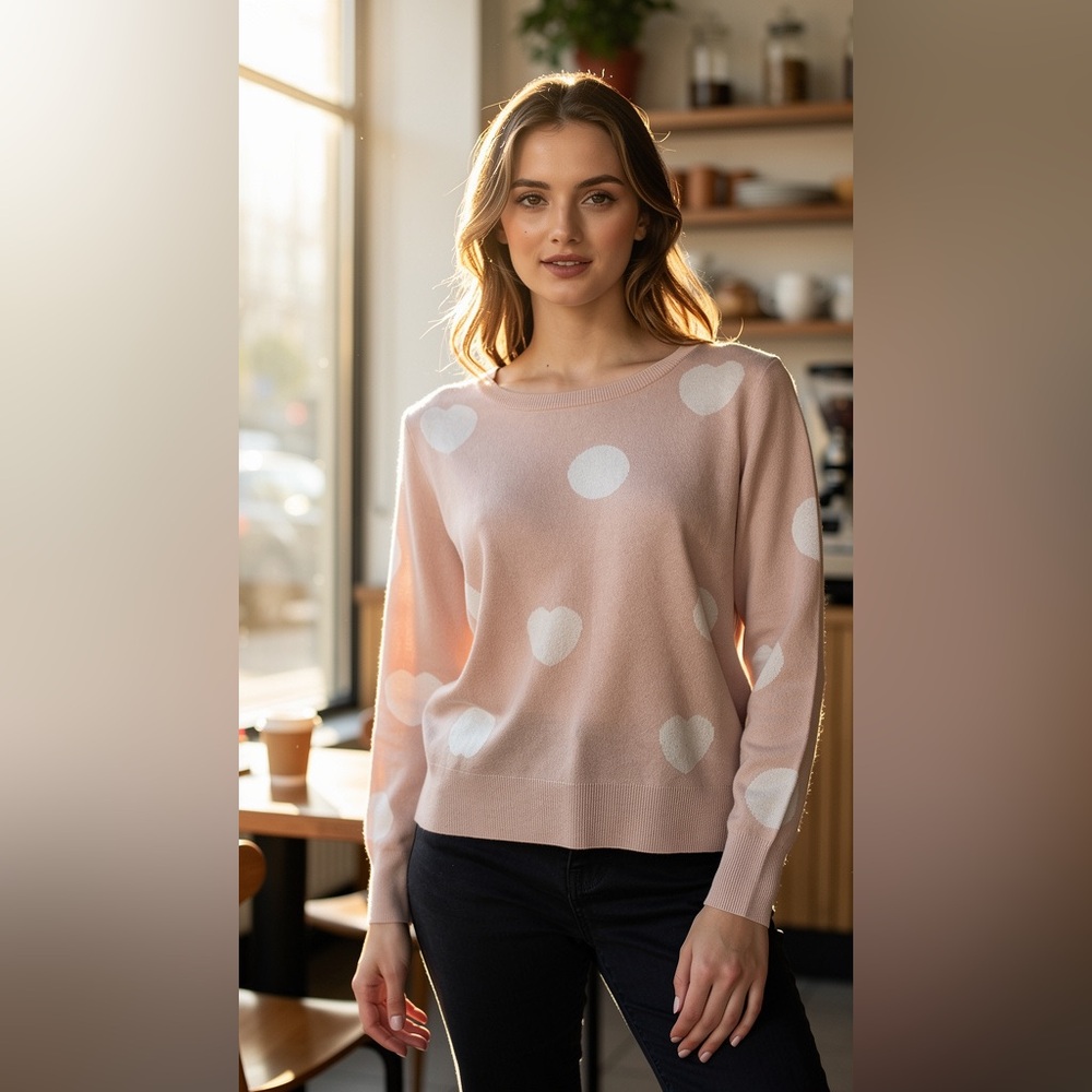 LOFT Pink and White Heart Pattern Sweater